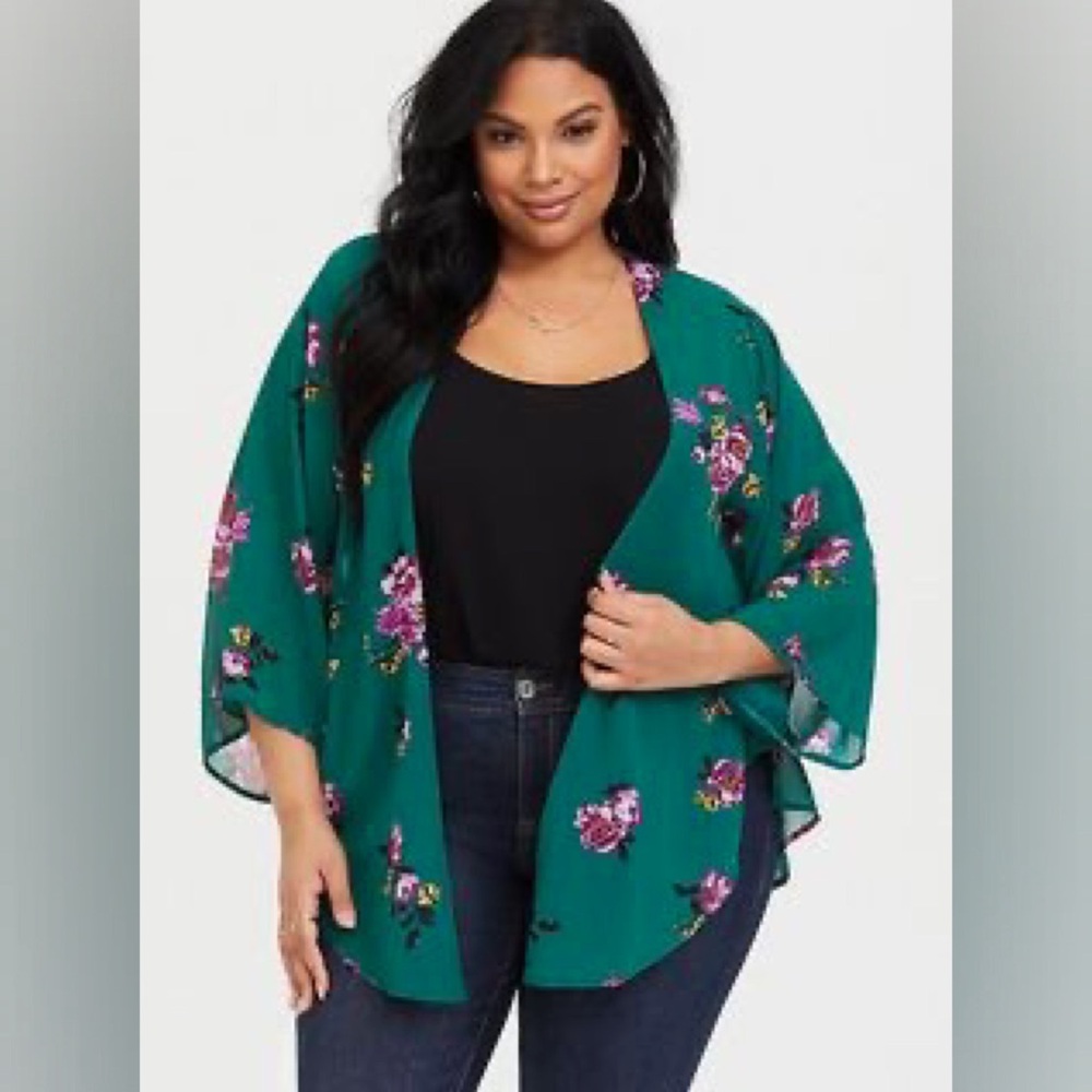 Torrid Ruana Emerald Floral Sheer Blouse Kimono Wrap - 1/2